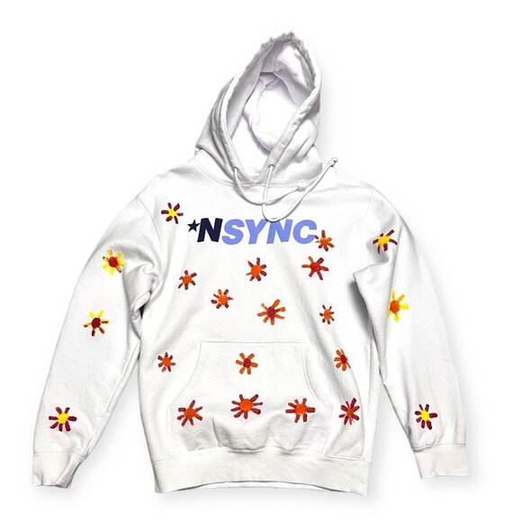 NSYNC Retro Boy Band Y2K White Hoodie Sweatshirt With Flowers Womens Medium - Picture 1 of 5